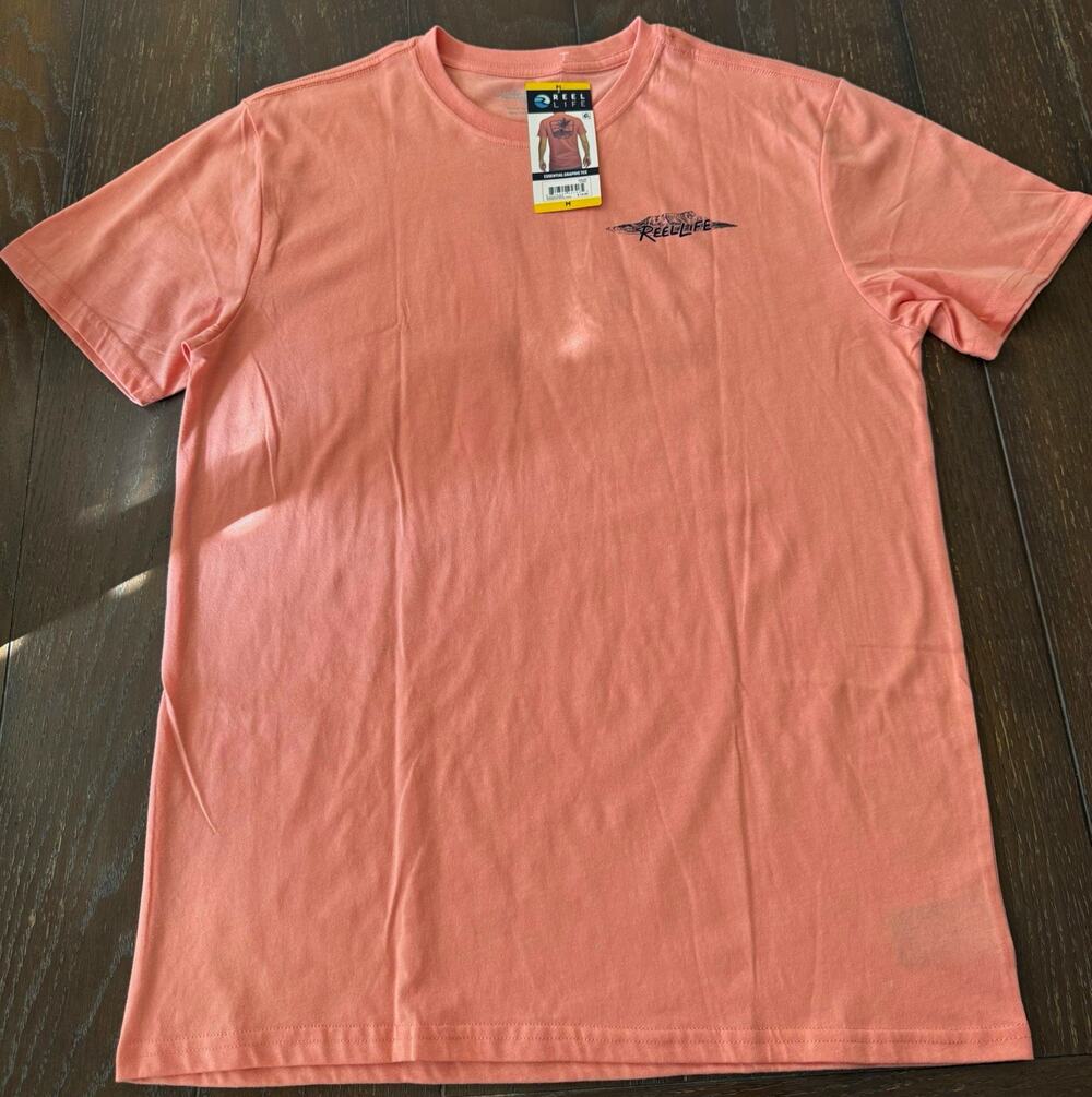 Reel Life Coral Graphic Logo Tee Mens M Knit Cotton Blend Crew Neck Short Sleeve